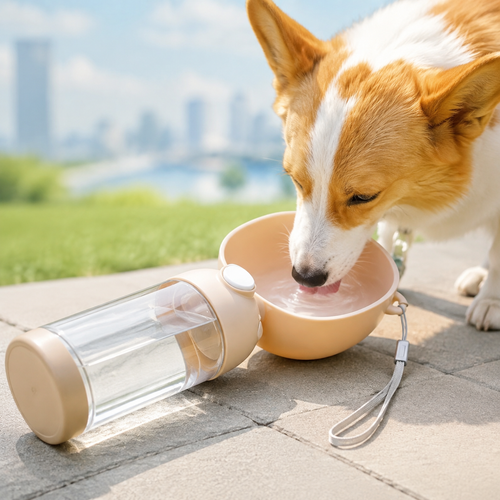 Dog drinking from portable pet travel water bottle